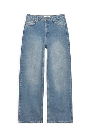 Mid Blue Løstsiddende lange jeans med lav talje