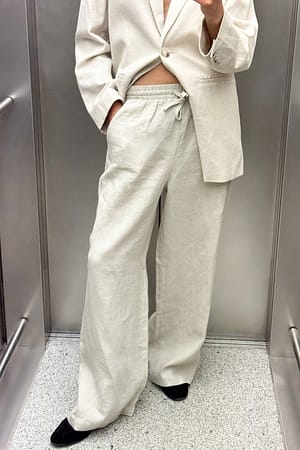 Beige Elastic Waist Linen Trousers