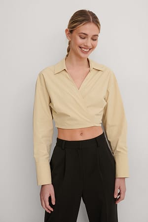 Beige Cropped Tie Waist Shirt