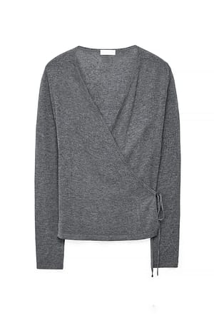 Grey Melange Gebreide overlappende top van merinowolmix