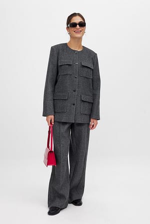 Grey Halfhoge broek met visgraatmotief