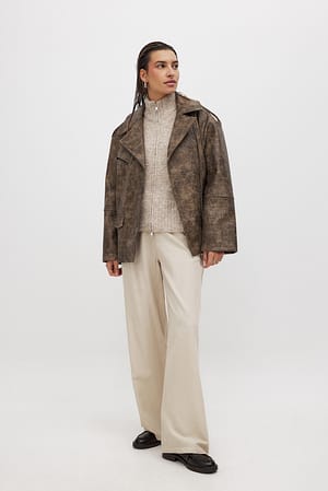 Beige Mid Waist Linen Mix Pants