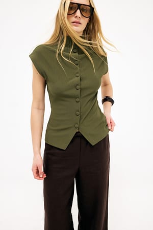 Khaki Green Jersey-Oberteil mit Stehkragen