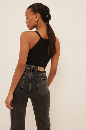 Black Gerippter hochgeschlossener Body