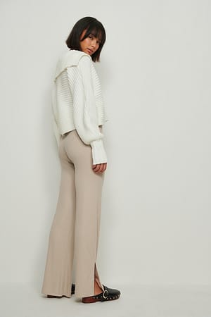 Beige Rib Slit Jersey Pants
