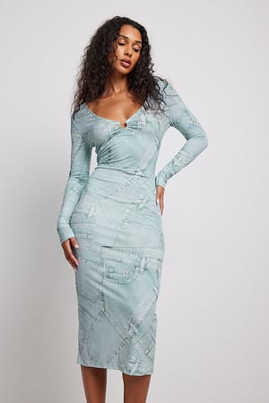 Denim Print Robe mi-longue à manches longues avec anneau