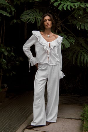 Off White Linen Blend Mid Waist Trousers