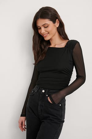Black Asymmetric Neckline Mesh Top