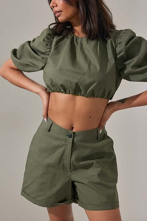 Dark Beige Kurze Leinenhose