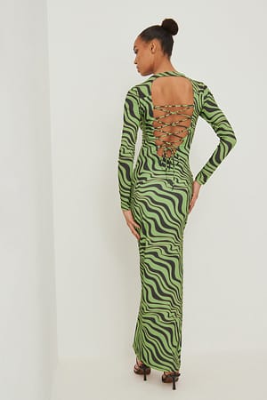 Green Print Maxikleid mit Schnürdetail am Rücken