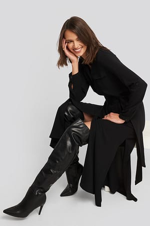 Black Belted Grandad Collar Shirt Dress