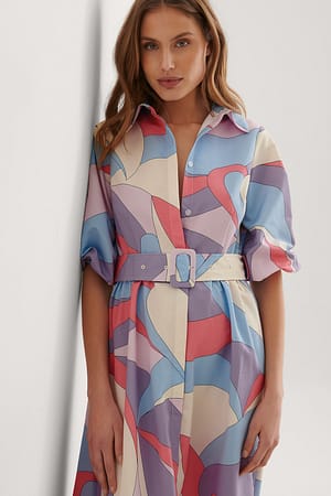 Pink Print Belted Long Sleeve Maxi Dress