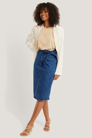 Belted Midi Denim Skirt