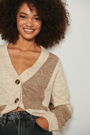Beige/Cream Strikket cardigan med farvede blokke