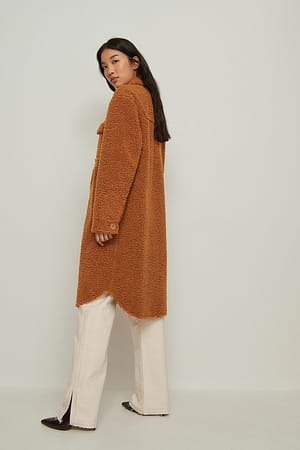 Brown Bonded Teddy Long Overshirt