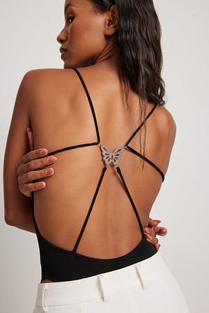 Black Bodystocking med sommerfugl og rygdetalje