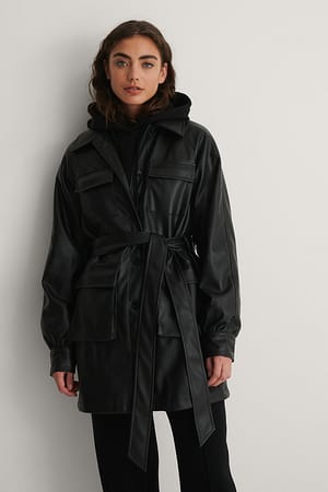 Chest Pocket PU Belted Jacket