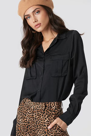 Black Chest Pocket Satin Shirt