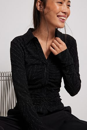 Black Rüschenbesetztes Glitzer-Oberteil mit Kragendetail