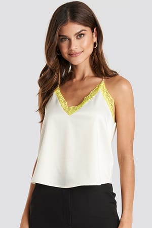 Yellow Contrast Lace Satin Cami Top