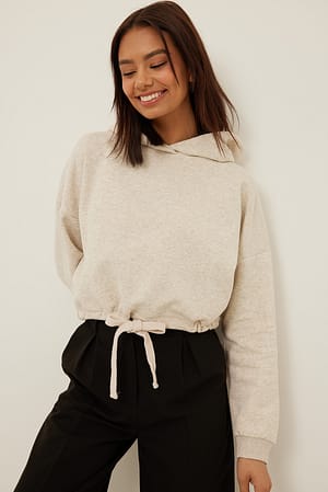 Beige Melange Crop-Kapuzenpullover mit Kordelzug-Detail