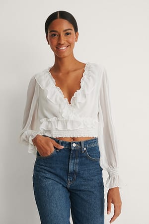 Offwhite Cropped Flounce LS Blouse