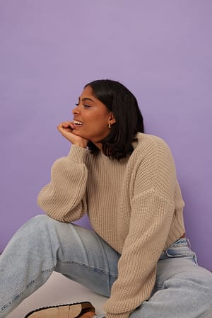 Beige Cropped Knit Sweater