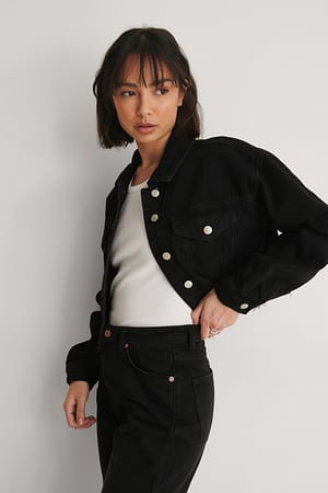 Black Cropped Raw Hem Denim Jacket