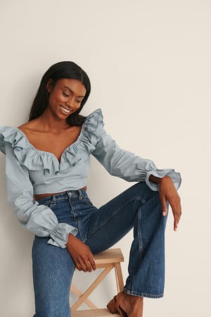 Light Dusty Blue Organische crop blouse met rafels