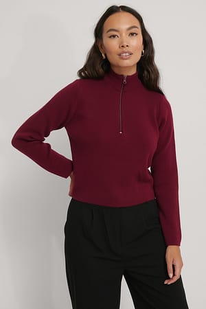 Burgundy Stickad Tröja Med Dragkedja