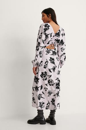 Black/Pink Flower Print Klänning Med Utskurna Partier