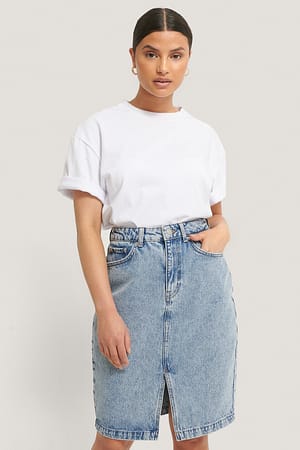 Mid Blue Denimnederdel Med Slids Foran