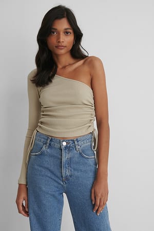 Light Beige Drawstring One Shoulder Top