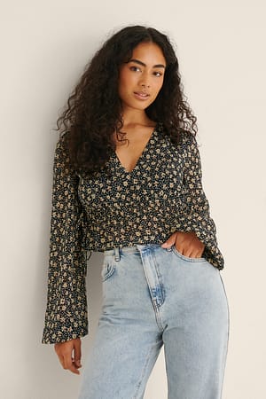 Black Flower Print Bluse Mit V-Ausschnitt Und Kordelzug An Der Taille