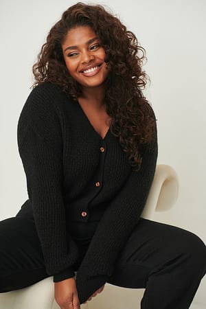 Black Dropped Shoulder Knitted Buttoned Cardigan