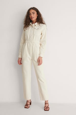 Ecru Økologisk denim jumpsuit med elastisk talje