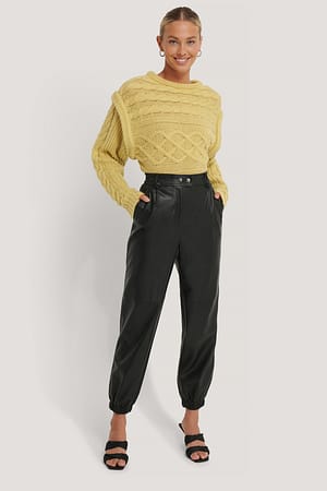 Black Elastic PU Pants