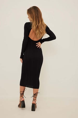 Black Fine Knitted Open Back Midi Dress