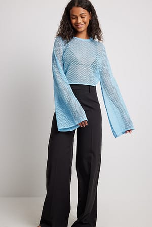 Blue Fine Knitted Wide Sleeve Lurex Top