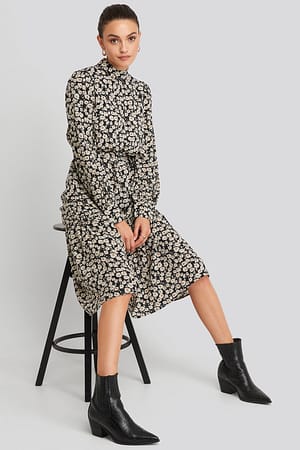 Black Flounce Belted Midi Dress