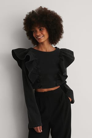 Washed Black Flounce Denim Top