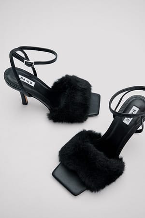 Black Fluffy Strap Heels