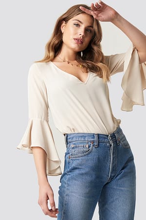 Flounced Sleeve V-Neck Blouse