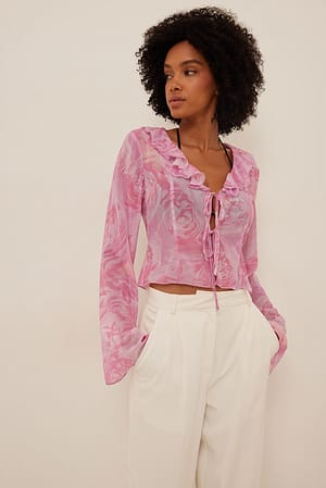Light Pink Pastel Rose Chiffon lange blouse met ruches
