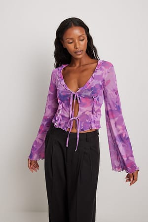 Flower Print Mesh-Cardigan mit Schnürdetail und Rüschen