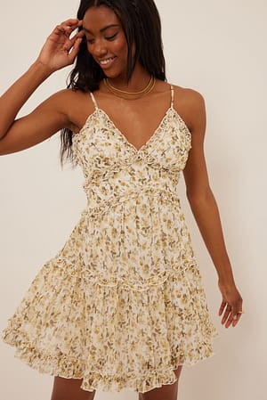 Yellow With Flower Print Gerecycleerde mini-jurk met ruches en V-hals