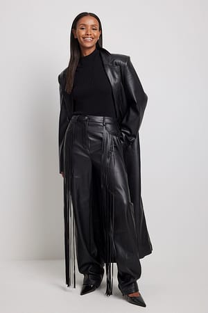 Black Fringe Detailed PU Pants
