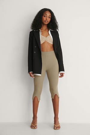 Light Khaki Front Slit Knitted Leggings