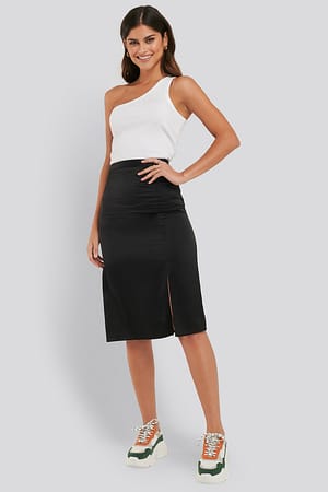 Black Front Slit Satin Skirt