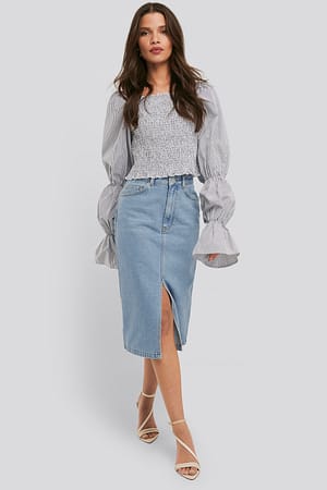 Front Split Midi Denim Skirt